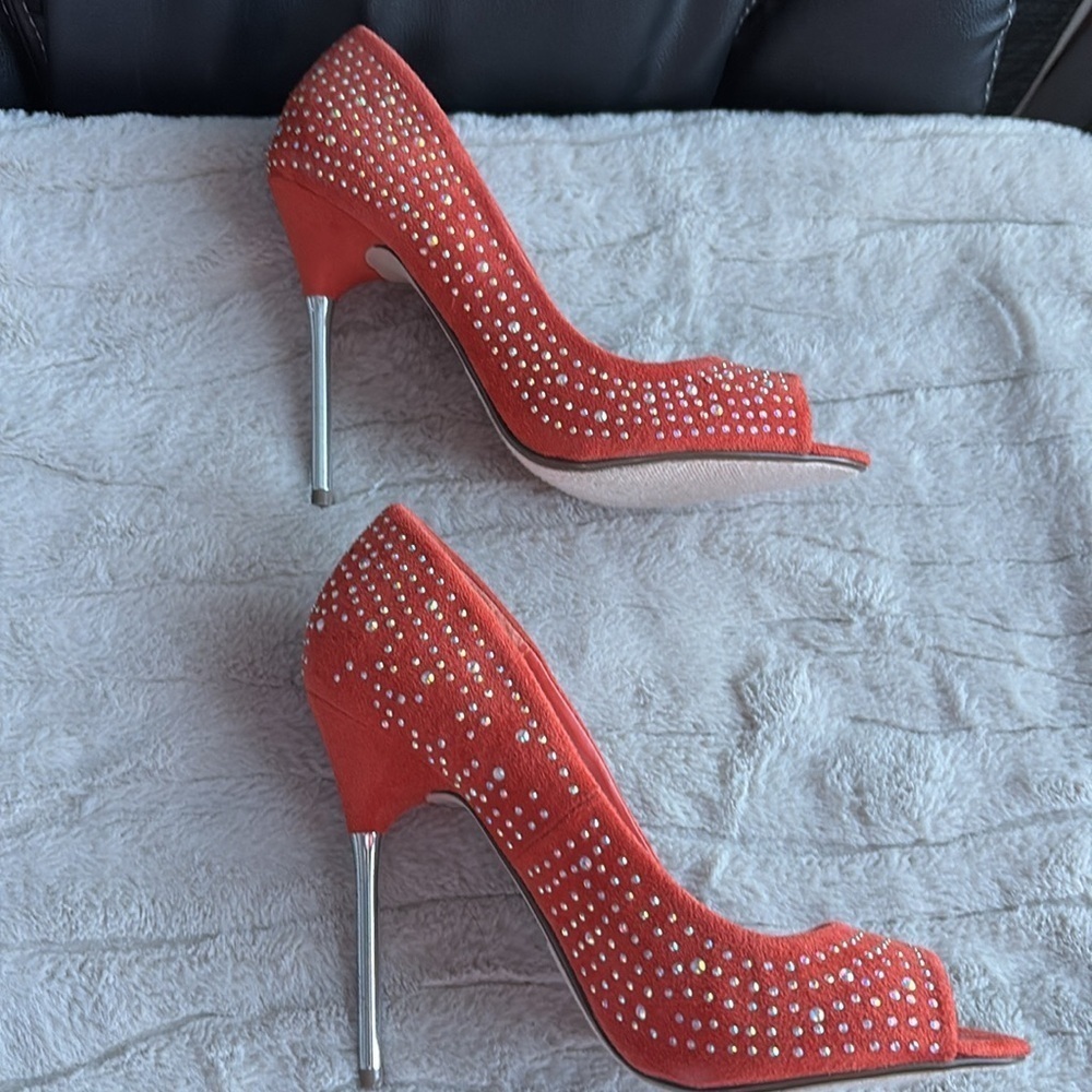 Orange Rhinestone Peek Toe Pumps - Picture 2 of 9
